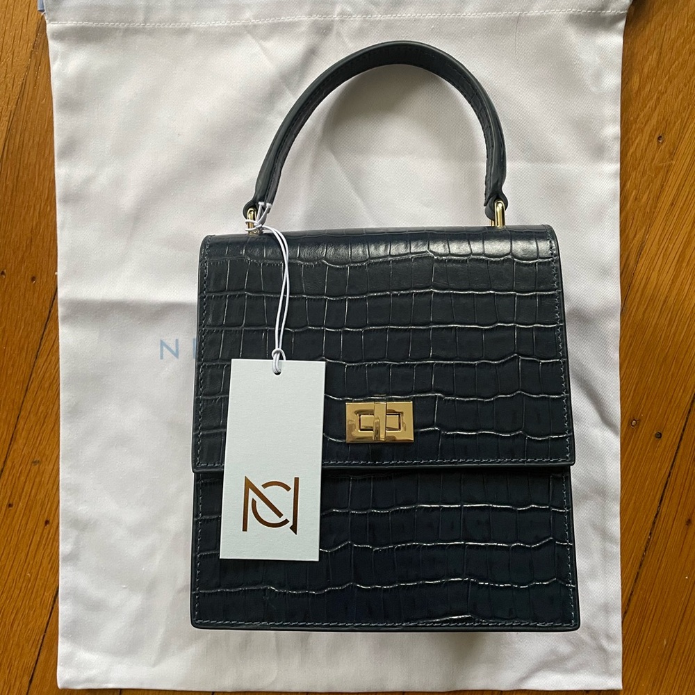 Neely & Chloe Mini Lady Bag Croc Embossed, NAVY,  NWT - Picture 3 of 5